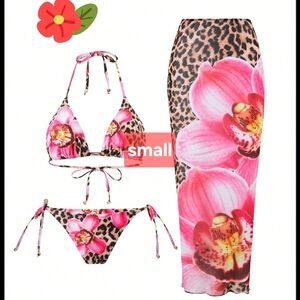 Leopard and Floral Hawaii Bikini Set with Skirt Small New No Tags